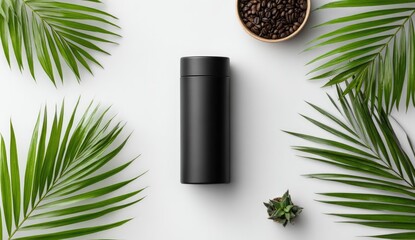 Black tumbler surrounded by tropical leaves and coffee beans