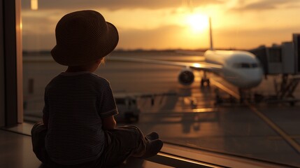 Young child wearing a hat sits by a large window at an airport, gazing at an airplane on the tarmac during a beautiful sunset, evoking a sense of wonder and adventure