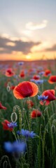 Backlit red poppy in a wildflower field at sunset