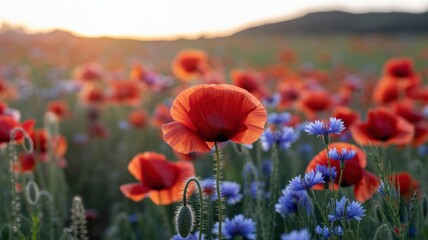 Red poppies and blue cornflowers in a vibrant field