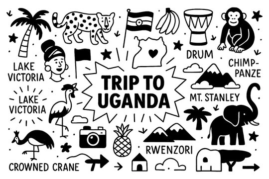 Uganda travel doodle set with Murchison Falls, Mount Elgon, wildlife, coffee, and cultural icons, Transparent Background