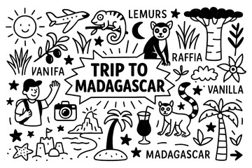 Madagascar travel doodle set with baobab trees, lemurs, chameleon, vanilla, and island culture, Transparent Background