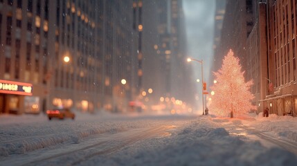 Snowy City Street with Illuminated Christmas Tree on a Winter Ni