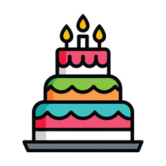 A vibrant colorful three tiered birthday cake with lit candles on a serving platter perfect for celebrations and party invitations