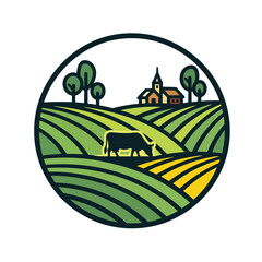 Vector art of pastoral landscape logo featuring a cow grazing in green fields with a church in the background
