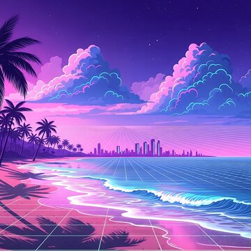 Vaporwave beachfront cityscape under neon skies evokes synthwave nostalgia and retro future aesthetics