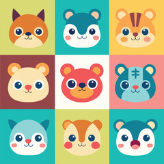 Collection of nine adorable cartoon animal faces including a fox hamster tiger bear and other cute creatures in a vibrant grid pattern for children s designs
