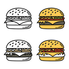 Four stylized illustrations of delicious cheeseburgers two in black and white outline and two in vibrant color showcasing different burger ingredients and styles