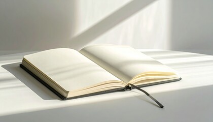 Fototapeta premium Open Blank Notebook with Textured Pages on White Surface in Bright Studio Lighting Top View