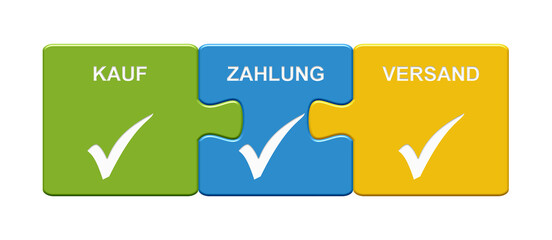 Bunte Puzzle Buttons: Kauf, Zahlung, Versand