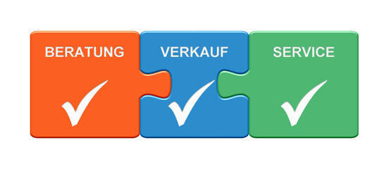 Bunte Puzzle Buttons: Beratung, Verkauf, Service