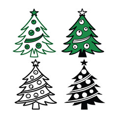 Fototapeta premium Four stylized christmas trees in different artistic styles including green outline color and silhouette for festive holiday design elements