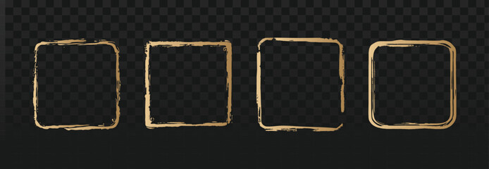Set of four distressed golden square frames on a dark background. This professional vector design has a modern, luxurious feel, perfect for social media borders, elegant product labels
