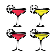 Four hand drawn illustrations of margarita cocktails in coupe glasses garnished with lime slices on a white background