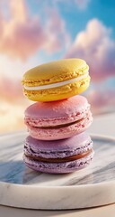 Colorful macarons stacked high on a marble plate against a pastel sky