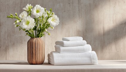White flowers vase, stacked towels on neutral surface
