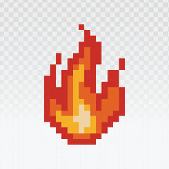 Vibrant pixel art fire flame icon. This retro-style vector graphic is perfect for video games, mobile apps, digital badges, and nostalgic designs, adding a classic 8-bit aesthetic to creative projects