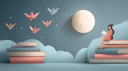 Woman reading on books with origami cranes and moon in dreamy scene
