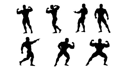 Bodybuilder Silhouette Set.Muscular Men Flexing Poses Collection, Fitness Vector Icons.