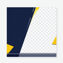 Modern square social media template with bold navy and yellow geometric shapes and a transparent frame. Perfect for promotional posts, advertisements, and digital marketing campaigns.