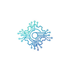 Vector art of technology logo featuring a gear and circuit board design, representing innovation and technological advancement