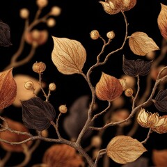Dried foliage, branches, and berries against a dark backdrop