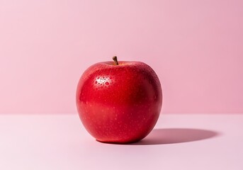 A single, ripe red apple with a stem, casting a soft shadow on a pastel pink surface against a matching pink background