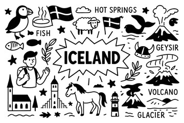 Iceland travel doodle set with volcano, geyser, hot springs, puffin, sheep, horse, and glacier icons, Transparent Background