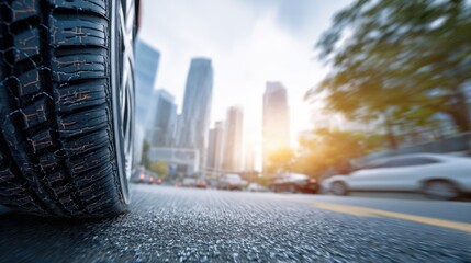 Closeup of nanomaterialenhanced urban tire tread spinning on city pavement showcasing improved durability with blurred skyscrapers and traffic in the background.