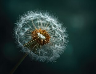 Close-up of a dandelion seed head against a dark backdrop