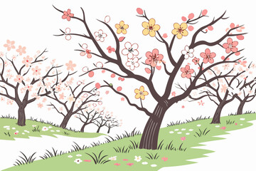 Obraz premium Blooming orchard with pink and yellow flowers vector illustration