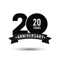 Vector art of 20th anniversary logo with bold numbers, a black circle, and a ribbon banner for celebration and milestone