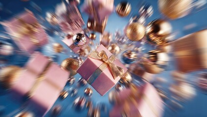 Pink gift boxes and gold ornaments in motion against a blue background