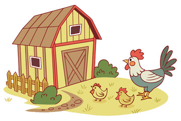 Cartoon farmyard with chickens and barn rooster