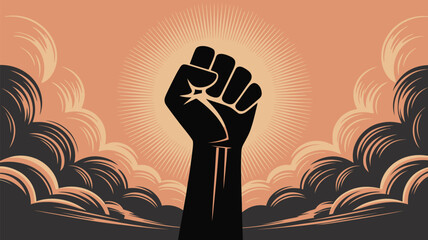 Powerful raised fist symbolizing strength, unity, and social justice against a radiant sunset background for impactful visual storytelling