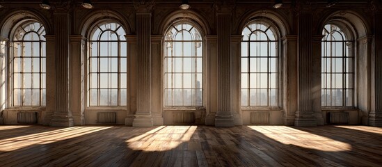 Grand arched windows light an empty wood-floor room