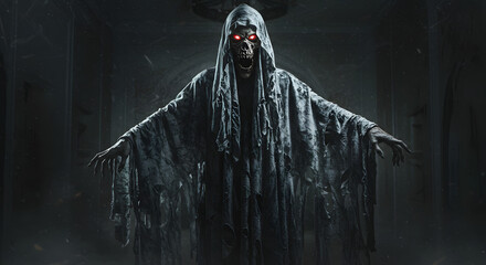 Grim reaper ghost in a hooded cloak appears
