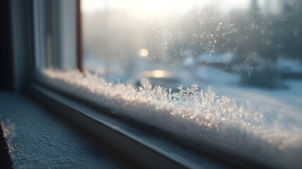 Frosted window with delicate snowflakes and soft sunlight illuminating a winter scene