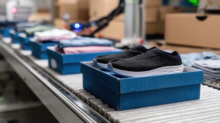 Focused medium shot of automated machinery assembling and packing athletic gear emphasizing the seamless integration of robotics in factory operations.