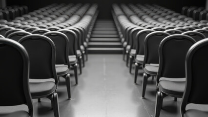 Fototapeta premium Empty rows of chairs in spacious auditorium create sense of anticipation and calm. monochrome setting emphasizes orderly arrangement