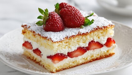 Strawberry cake slice with whipped cream and powdered sugar