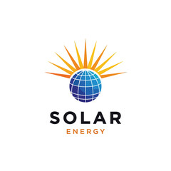 Vector art of solar energy logo featuring a globe with sun rays, representing renewable energy and environmental sustainability