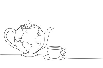 Continuous one line drawing teapot with a cup with a saucer. Symbol of great ease of tea cultivation throughout the world. Hot tea. International Tea Day. Single line draw design vector illustration