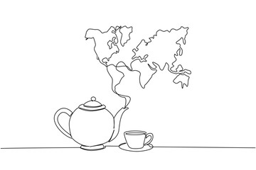 Continuous one line drawing teapot and cup with saucer and world map from teapot funnel. Delights from various countries. Calming. International Tea Day. Single line draw design vector illustration