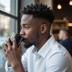 Young man enjoys warm beverage in cozy cafe, reflecting on his thoughts. atmosphere is relaxed and inviting, perfect for moment of peace