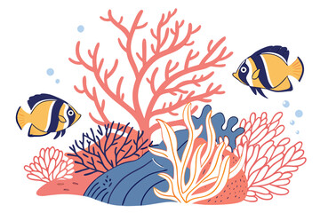 Fototapeta premium Colorful coral reef with tropical fish vector underwater