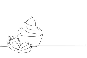 Single continuous line drawing 2 strawberries and cream in a small bowl. Enjoy the freshness while it is still cold and frozen. National Strawberries and Cream Day. One line design vector illustration