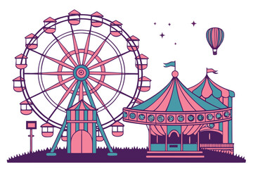 Obraz premium Colorful Ferris Wheel and Carnival Tent on White Background