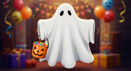 Cartoon Ghost carries bucket of Halloween candy
