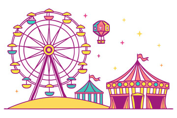 Colorful Ferris Wheel and Carnival Tents on White circus tent